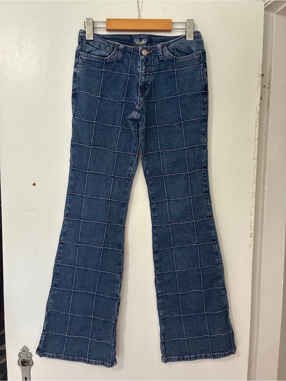 Y2K Grid Patchwork Denim Jeans Flare